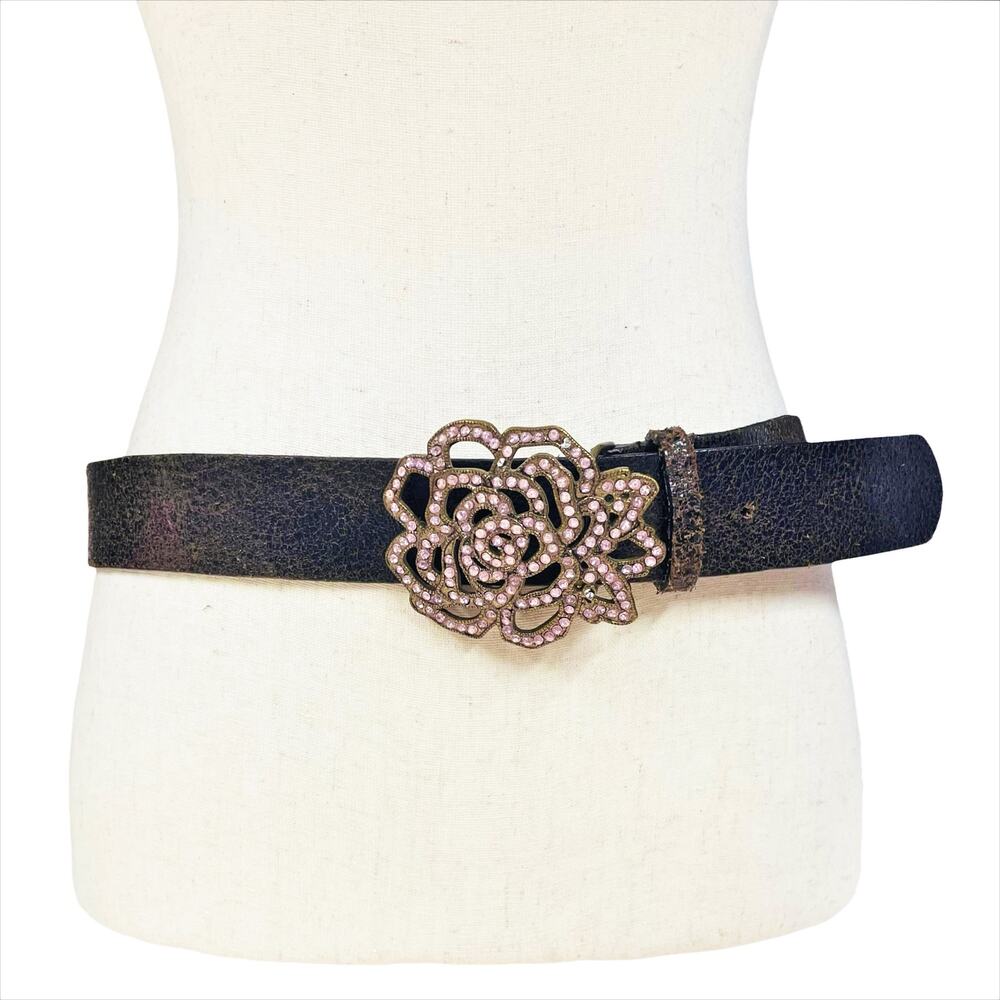 Genuine Leather Belt w/ Pink Rhinestone Rose Brass Buckle Size M Retro Deco